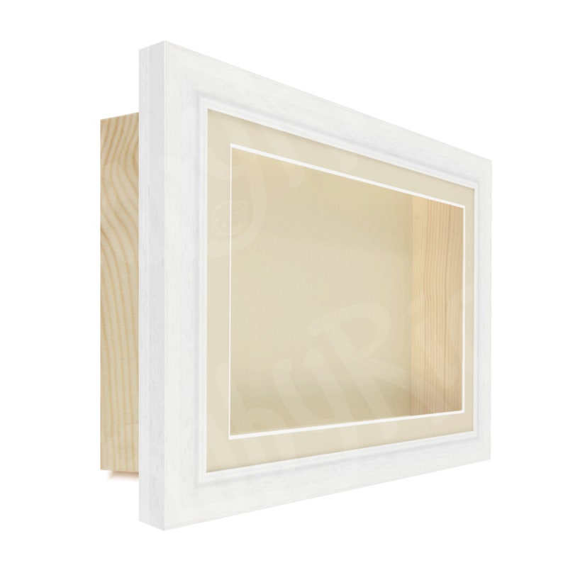 Extra Deep Shadow Box Display Frame, 3D Framing.  White with Antique Cream inserts