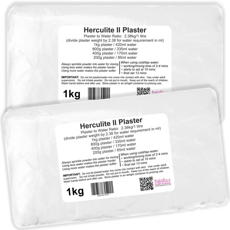 May include: Two white bags of Herculite II Plaster, each weighing 1 kg. The bags have instructions for mixing the plaster with water, including the ratio of plaster to water and the setting times. The bags also have safety instructions, such as avoiding contact with skin and keeping out of reach of children.