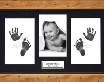 New Baby Boy Girl or Twins Baby's Hand Print Footprint Kit & Rustic Wooden Frame Photo Prints Display Newborn Christening Baby Shower Gift