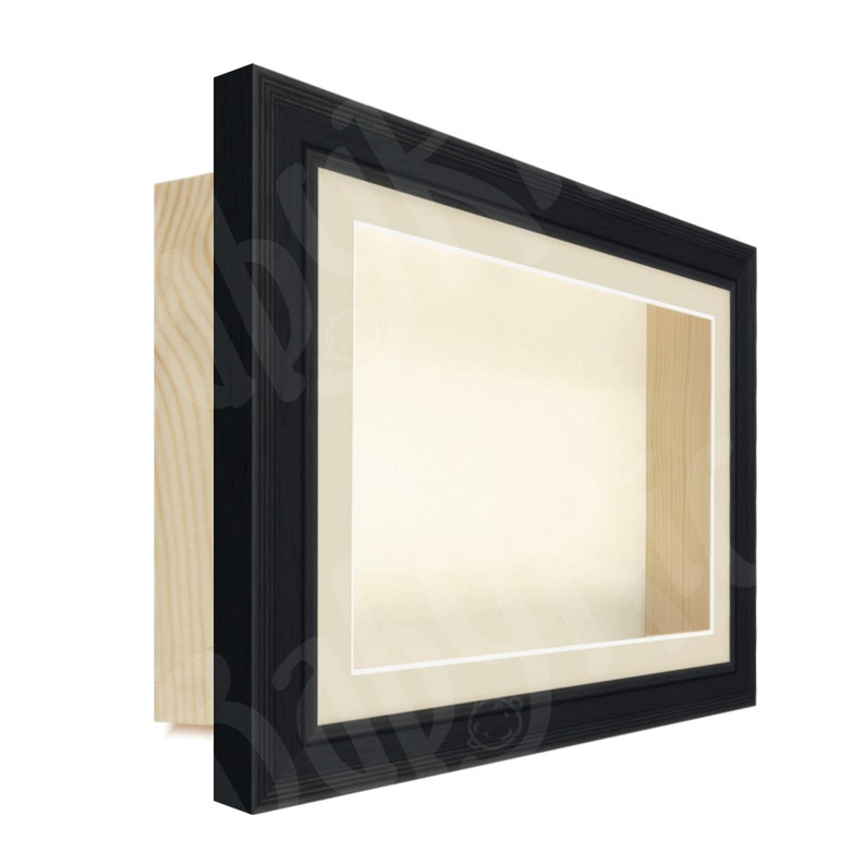 Black Deep Shadow Box Frame, Antique Cream Mount Mat, Whipped Cream backing card