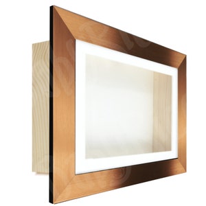 May include: A copper-coloured shadow box frame with a white mount and a wood backing.