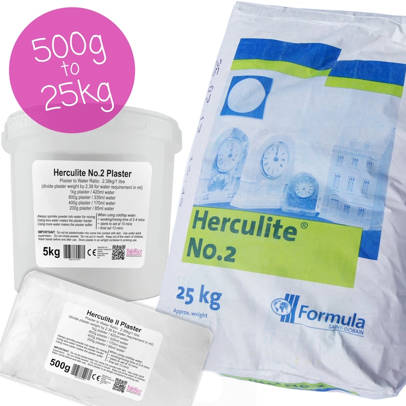 May include: A white bag of Herculite No. 2 plaster with a green and blue label. The bag is labeled with the text "Herculite No. 2" and "25 kg Approx. weight". The bag is also labeled with the Formula Saint-Gobain logo. There are smaller containers of plaster in the image, labeled "Herculite No. 2 Plaster" and "Herculite II Plaster".
