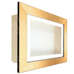 May include: A gold-colored shadow box frame with a black mat. The frame is made of wood and has a simple, modern design.