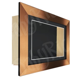 May include: A copper-coloured picture frame with a black mount and a white inner border. The frame has a wood backing and a shadow box for displaying three-dimensional objects.
