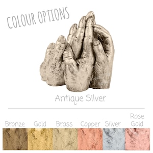 May include: A hand casting kit with a variety of color options, including bronze, gold, brass, copper, silver, and rose gold. The casting is shown in antique silver.