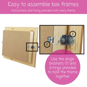 May include: Close-up of the back of a wooden picture frame showing how to assemble it. The frame is held together with metal angle brackets and D-rings. The text on the image reads: "Use the angle brackets (1) and d-rings provided to hold the frame together."