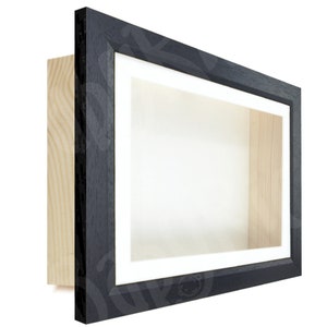 May include: A black wood shadow box frame with a white mat and a clear glass front. The frame is made of solid wood and has a sleek, modern design.