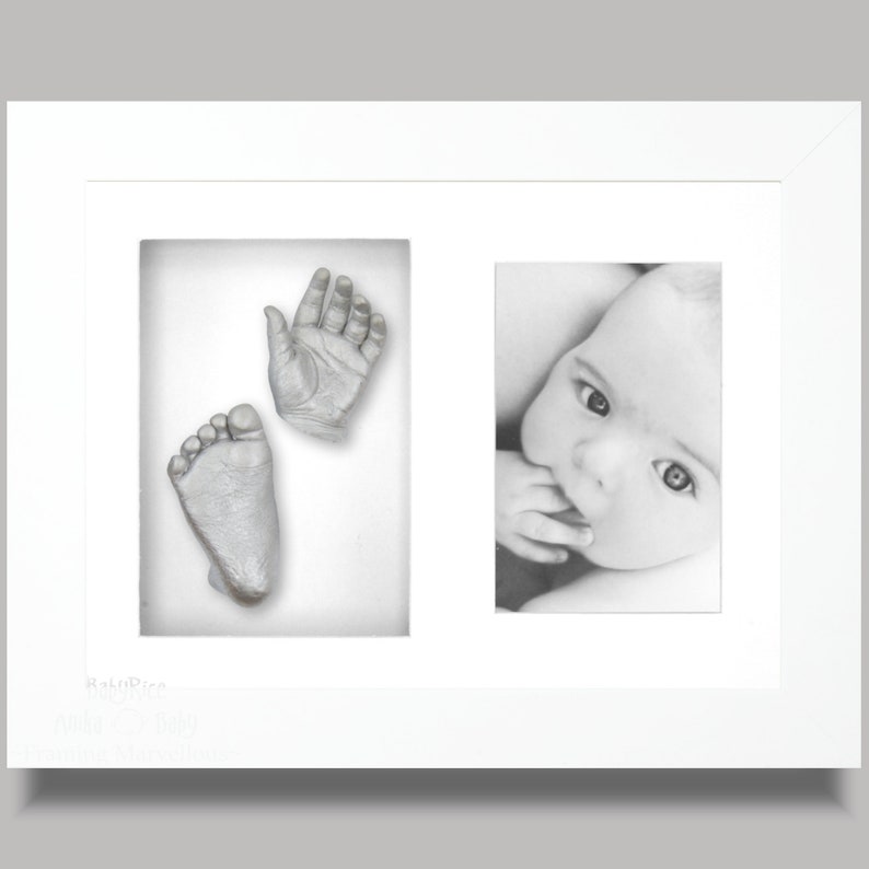 New Baby Casting Kit Set White Shadow Box Display Frame 9x12 Create 3D Plaster Casts of Baby's Hand & Foot Perfect New Baby Gift Keepsake Silver