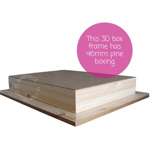 May include: A close-up of a wooden box frame with a light brown finish. The frame is 46mm thick and made of pine wood. The text "This 3D box frame has 46mm pine boxing" is printed on a pink circle.