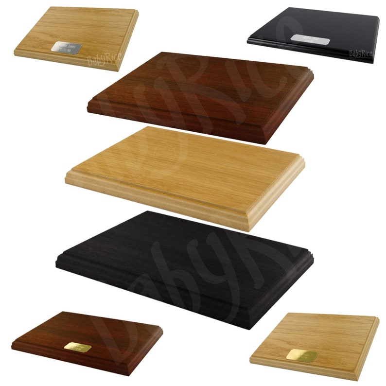 New Wooden Display Base Plinth 6x8" 8x10" 10x12" Black Mahogany Oak Veneer White can choose Engraved Plaque Silver Gold Plate to Engrave image 1