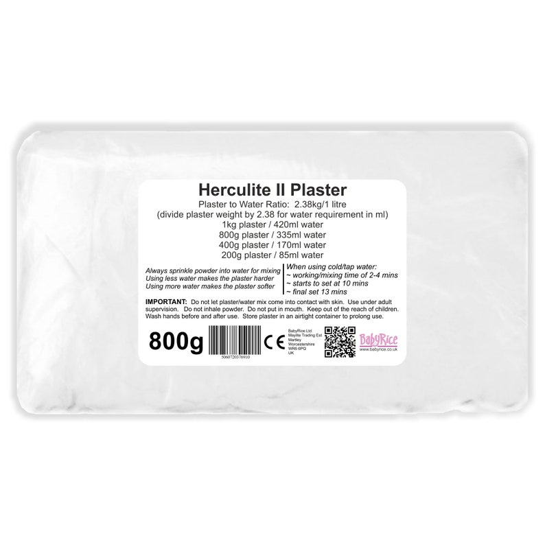 May include: A white bag of Herculite II Plaster with a white label that says "Plaster to Water Ratio: 2.38kg/1 litre (divide plaster weight by 2.38 for water requirement in ml)" and lists the water requirements for different amounts of plaster. The bag also has a CE mark and a QR code.