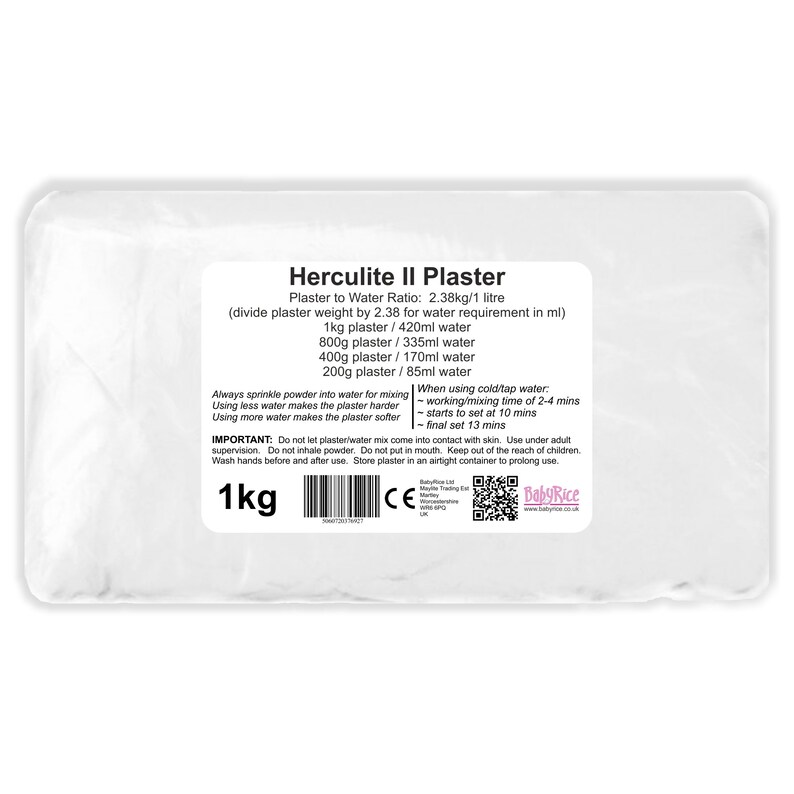 May include: A white bag of Herculite II Plaster with a label that includes instructions for mixing the plaster with water. The label also includes a warning to use under adult supervision and to keep out of reach of children.