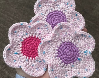 Set of 3 Crochet Flower Coasters, Pink Purple and Blue