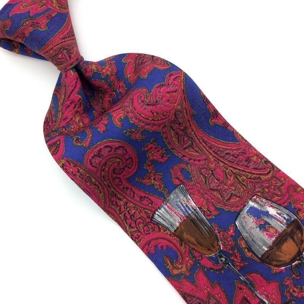 Perry Ellis Tie Red Blue Silk Floral Brocade Wine Coattail Drink Glass N0-27 Vtg