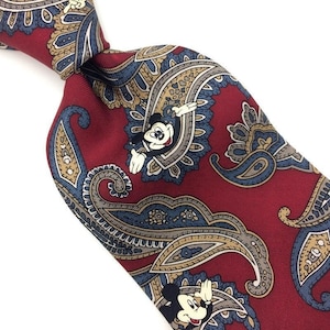 Disney Usa Tie Red Gray Tan Mickey Cartoon Paisley Brocade Silk Necktie N0-22