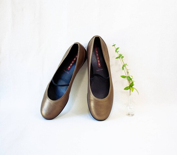 Prada ballet flats, vintage gold shoes, gold flats