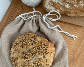 Reusable cork-colored French linen bread bag lined in organic cotton