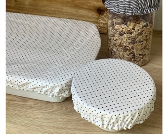 Set of charlottes dish covers in white coated cotton with black polka dots lined in natural organic cotton