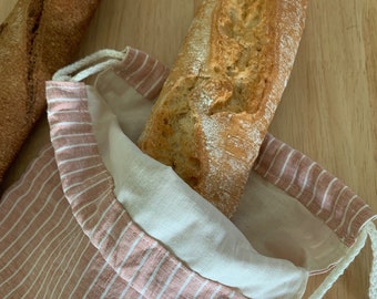 Reusable baguette/long bread bag in French linen lined in organic cotton