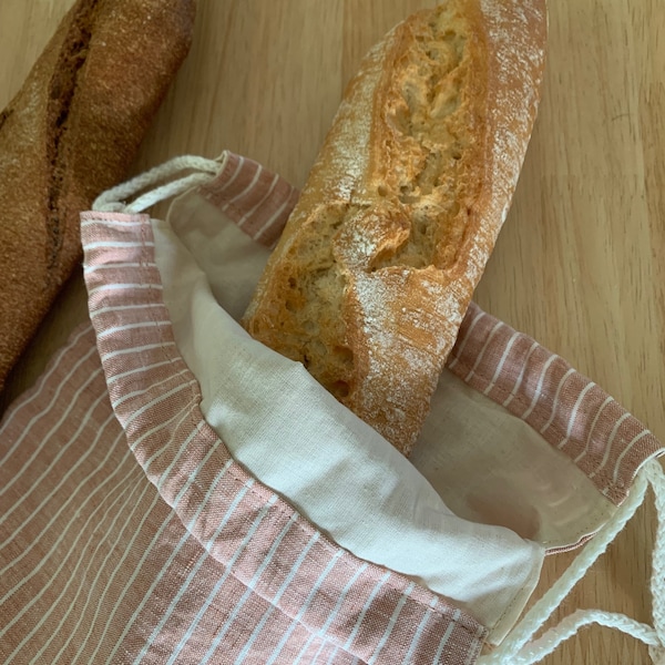 Wiederverwendbarer Baguette-/Langbrotbeutel aus französischem Leinen, gefüttert mit Bio-Baumwolle