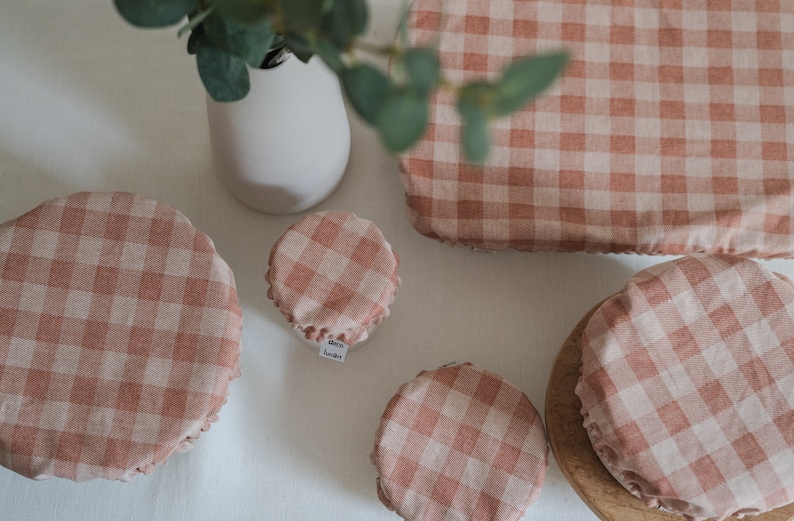 Charlotte dish cover / bowl cover in gingham coated cotton lined in natural organic cotton image 3