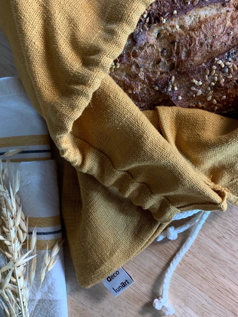 Bread bag in 100% French linen saffron color image 7