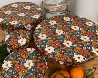 Charlotte floral dish cover in coated cotton lined in natural organic cotton