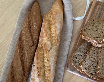 Wiederverwendbarer Baguette-/Langbrotbeutel aus französischem Leinen, gefüttert mit Bio-Baumwolle