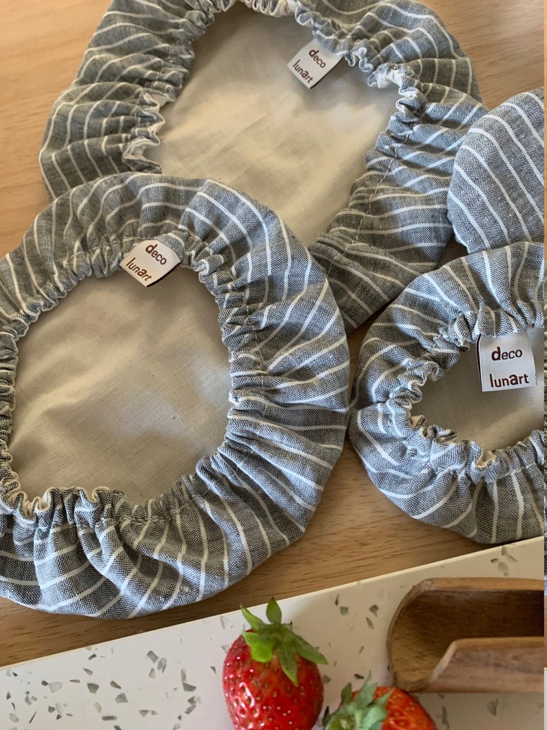 Charlotte couvre plat en lin français gris rayé blanc doublée en coton bio naturel image 4