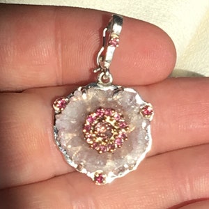 Natural Imperial Topaz & Pink Tourmalines on Natural Stalactite Slice  Pendant Hand Fabricated in Silver -Unique Design -Fine Jewellery