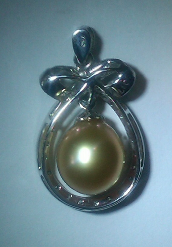 Golden Yellow Pearl Pendant-Necklace & Diamonds w… - image 3