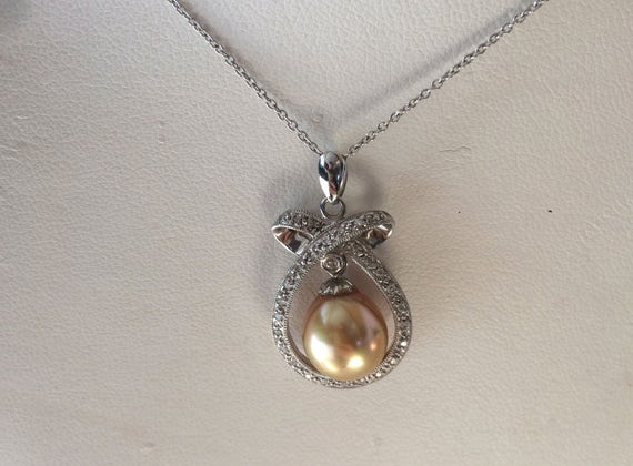 Golden Yellow Pearl Pendant-Necklace & Diamonds w… - image 4