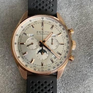 Authentic Zenith 18-karat Rose Gold Chronograph with Factory Box and Papers •  Rare El Primero Model • Mint New Condition Timepiece