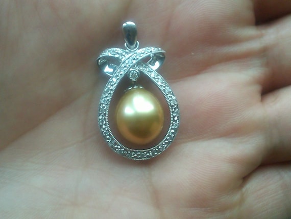 Golden Yellow Pearl Pendant-Necklace & Diamonds w… - image 2