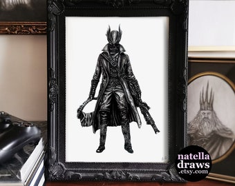 Bloodborne Hunter Art Print, Hand Drawn Poster