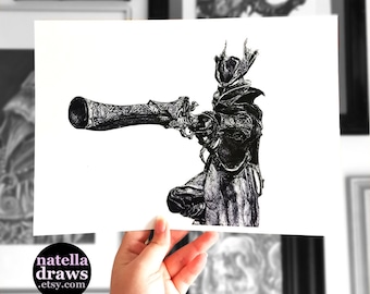 Bloodborne Hunter Art Print, Hand Drawn Illustration