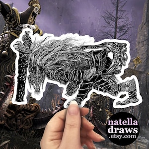 May include: Black and white line art illustration of a character from the video game Elden Ring. The character is wearing armor and wielding a sword. The illustration is on a white background.