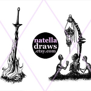 K&ouml;nnte beinhalten: Schwarzwei&szlig;illustration eines in Flammen stehenden Schwertes, einer Laterne, die an einem skelettartigen Arm h&auml;ngt, und drei Skeletten, die vor der Laterne knien. Der Text "natella draws .etsy.com" ist ebenfalls im Bild enthalten.