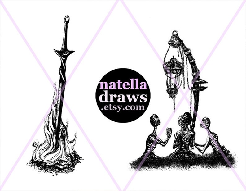 K&ouml;nnte beinhalten: Schwarzwei&szlig;illustration eines in Flammen stehenden Schwertes, einer Laterne, die an einem skelettartigen Arm h&auml;ngt, und drei Skeletten, die vor der Laterne knien. Der Text "natella draws .etsy.com" ist ebenfalls im Bild enthalten.