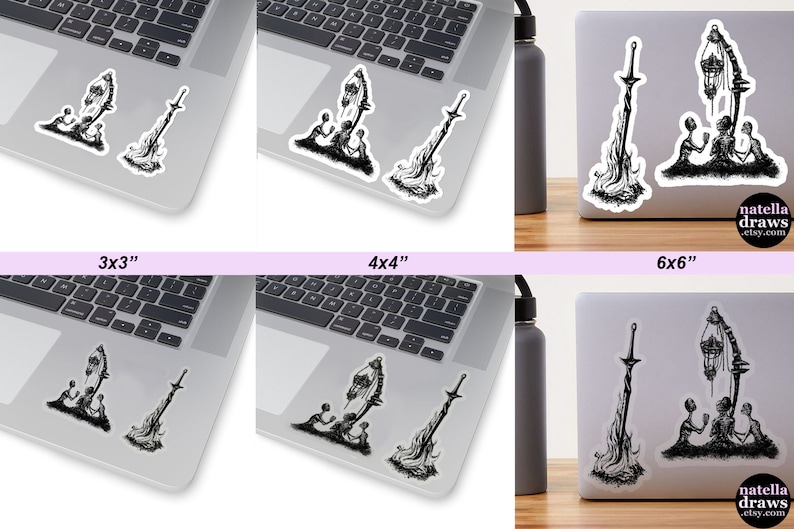 K&ouml;nnte beinhalten: Drei schwarz-wei&szlig;e Aufkleber-Designs mit einem Lagerfeuer, einem Schwert und einer Figur, die eine Laterne h&auml;lt. Die Aufkleber sind auf Laptops in drei verschiedenen Gr&ouml;&szlig;en dargestellt: 7,6 cm x 7,6 cm, 10,2 cm x 10,2 cm und 15,2 cm x 15,2 cm. Der Text "natella draws etsy.com" ist in der unteren rechten Ecke des Bildes sichtbar.