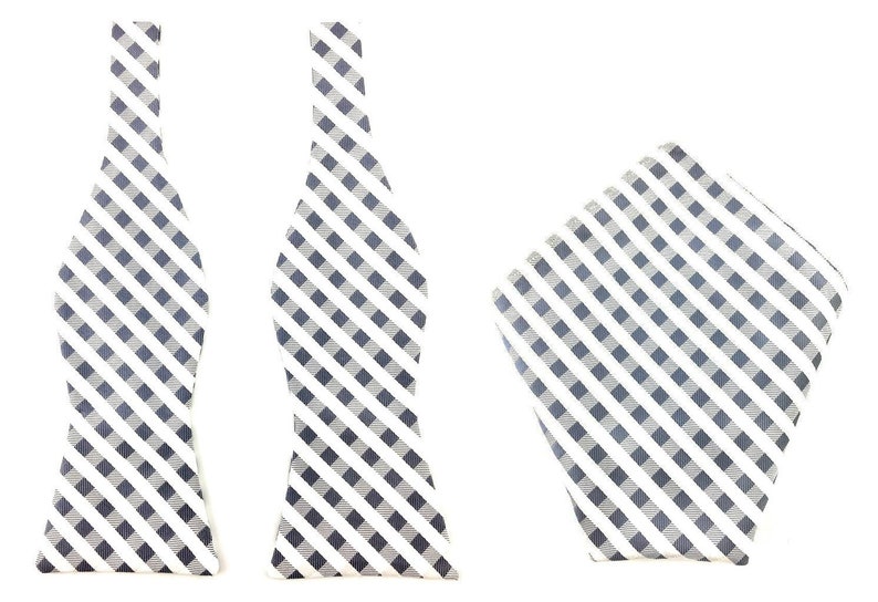 Matching Bowtie Pocket Square White Grey Checkered Handkerchief Ties Set Groomsmen Gingham Bowties Hanky Bundle Wedding Bow Tie Hankie Set