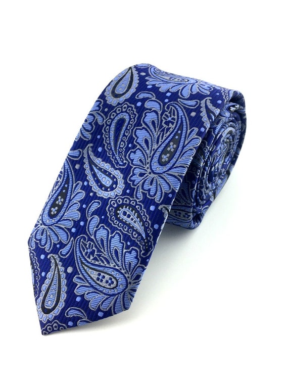 Men/'s Skinny Tie Silver Dark Blue Pattern Paisley 6CM Slim Thin Necktie Wedding