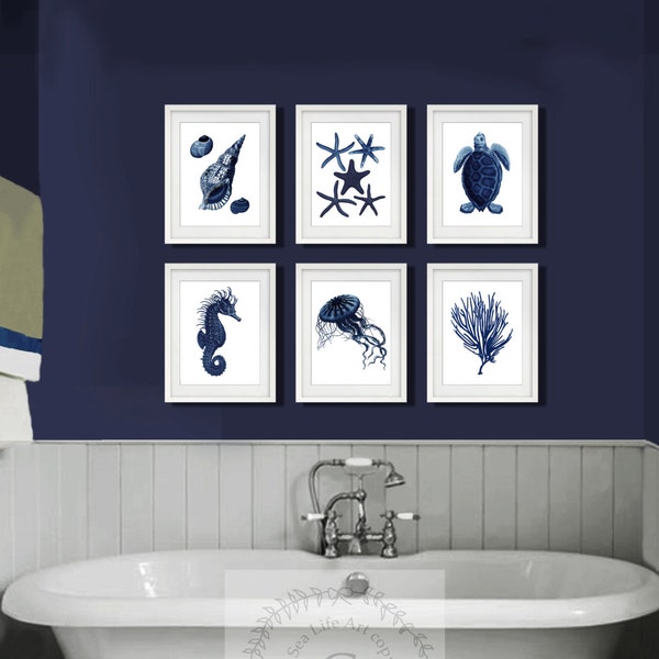 Dark Navy Blue Beach Decor set of 6 unframed Coastal Bathroom Etsy Wall Decor