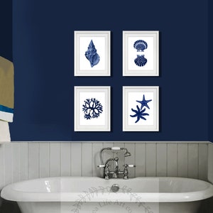 Navy Blue Sea Shell Art Prints, Coastal Wall Decor Set of 4