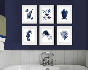 Dark Navy Blue Beach Decor set of 6 unframed Coastal Bathroom Etsy Wall Decor
