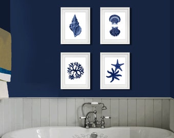 Navy Blue Sea Shell Art Prints, Coastal Wall Decor Set of 4