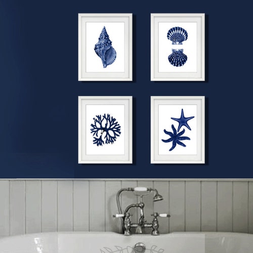 Dark Navy Blue Beach Decor Set of 6 Unframed Coastal Bathroom Etsy