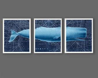 Für nautische Badezimmereinrichtung Wal Dekor Set 3 ungerahmt Pottwal-Wand-Kunst mit Marineblau nautische Karte Hintergrund große