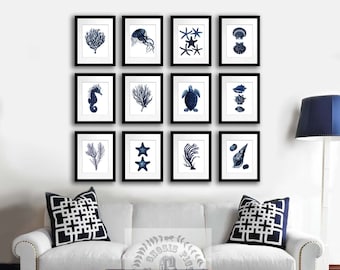 Coastal Wall Decor Set of 12 Unframed Art Prints Navy Blue Sea Turtle, Sea horse, starfish, seashells and seahorse art prints