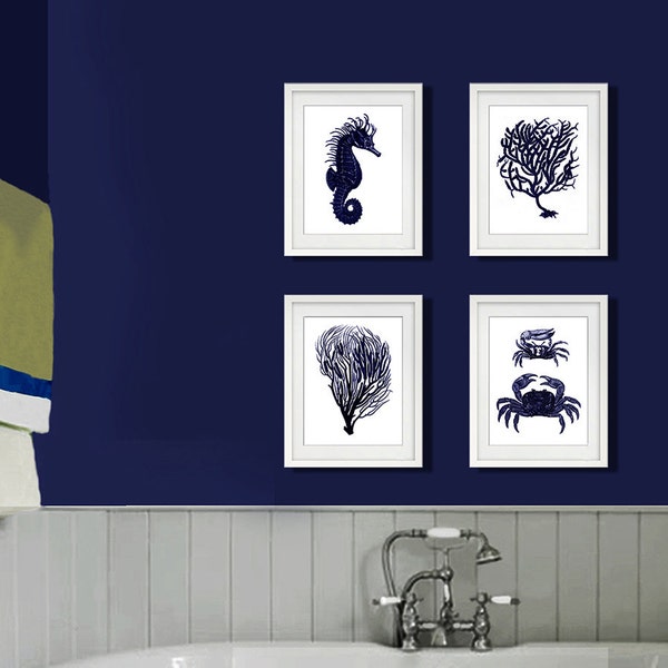 Dark Navy Blue and white Wall Art set of 4 Sea Coral, Seahorse, Crab Beach Decor. Coastal Art, Beach Art, Navy Blue Bathroom Wall Decor.